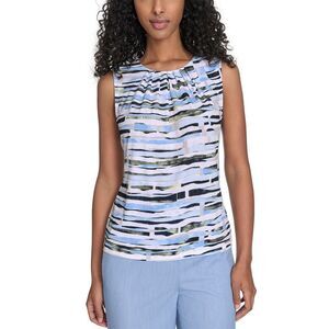 Calvin Klein Womens Printed Pleated-Neck Sleeveless Top Medium Light Sky NWT $49